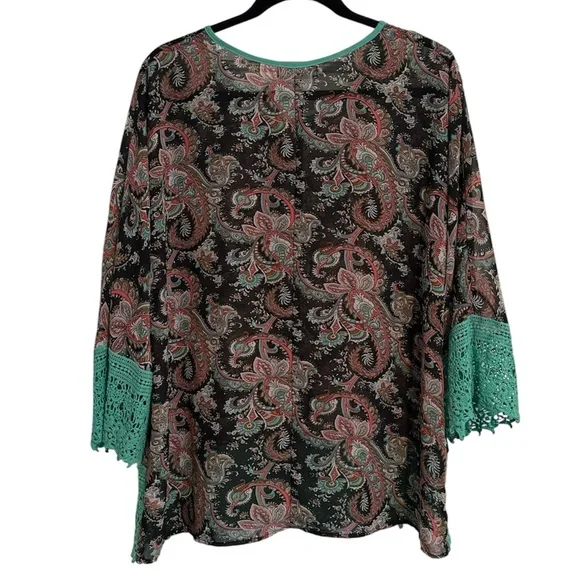 ☀️Umgee Paisley Print Semi-Sheer Blouse with Teal Crochet Detail - Picture 7 of 8
